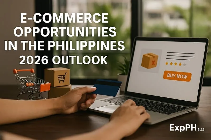 A realistic photo showing a person holding a credit card while shopping online using a laptop, with small shipping boxes, a mini shopping cart, and the title E-Commerce Opportunities in the Philippines 2026 Outlook displayed on screen, including a small ExpPH Blog logo in the corner.