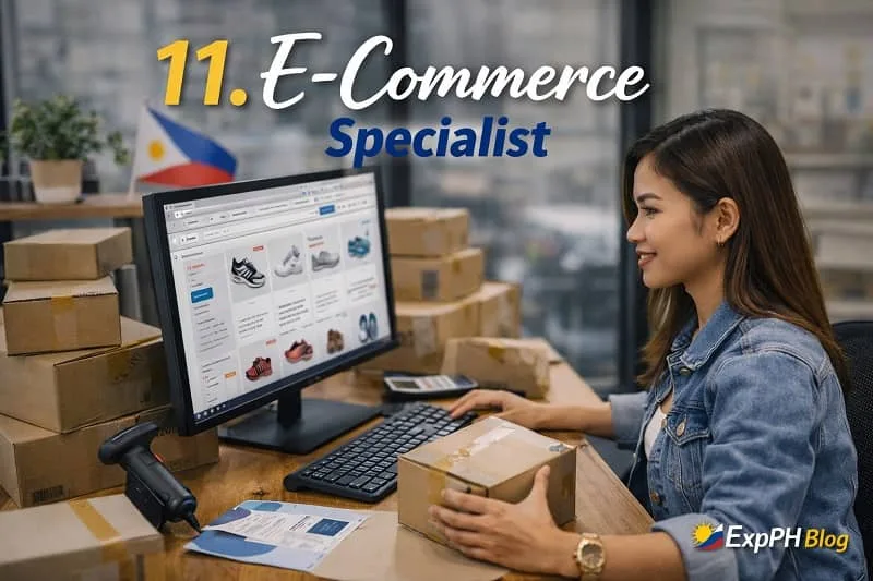 Filipina e-commerce specialist managing online store orders with boxes and computer setup, featuring ExpPH Blog logo