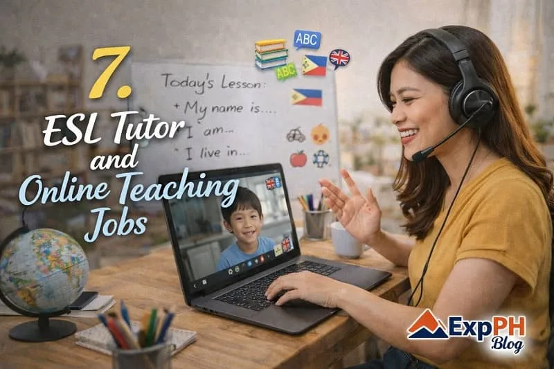 Filipina ESL tutor teaching a student online using a laptop with headset, representing online teaching jobs with ExpPH Blog logo