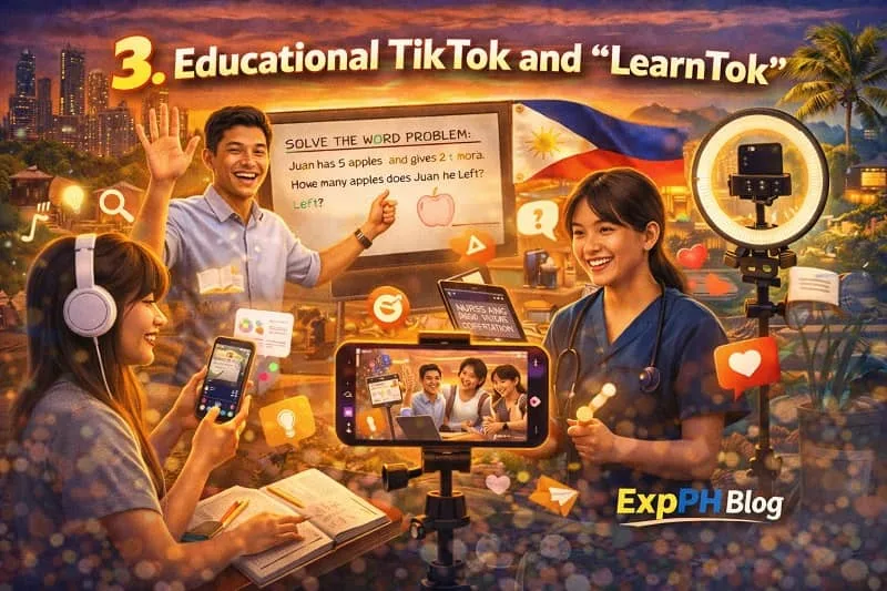 Filipino educators and content creators sharing educational lessons on TikTok using smartphones and recording equipment, featuring the ExpPH Blog logo.