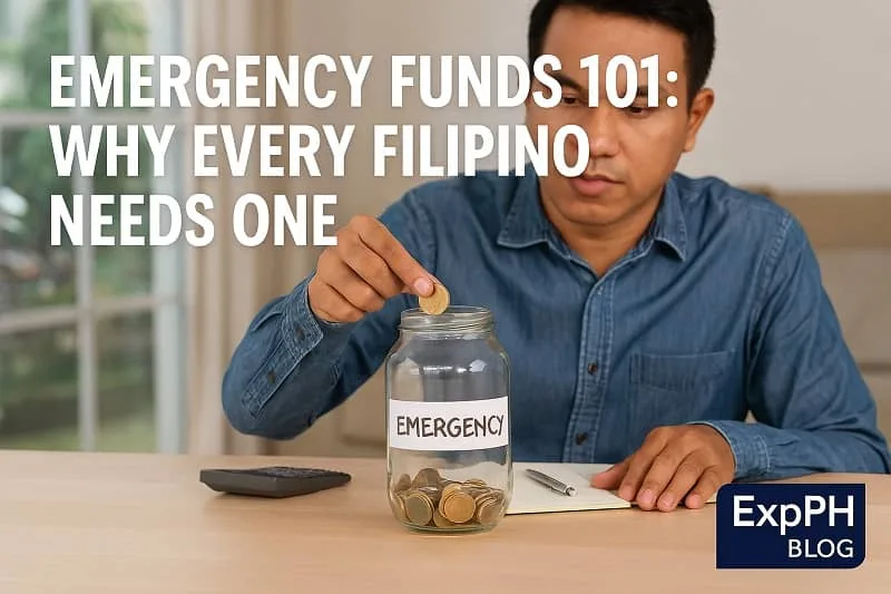 A Filipino man adding coins to a glass emergency savings jar with an ExpPH Blog logo in the corner.