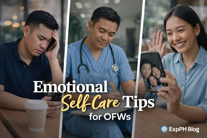 Filipino OFWs managing emotions through journaling, reflection, and video calls, representing emotional self care tips for overseas workers