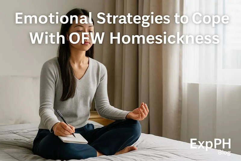 A realistic image of a young Asian woman meditating on her bed with a notebook and pen, practicing emotional coping strategies for OFW homesickness, with the ExpPH Blog logo in the corner.
