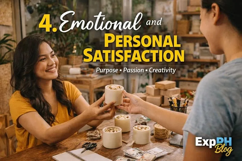 Filipino small business owner happily sharing handmade products showing personal satisfaction