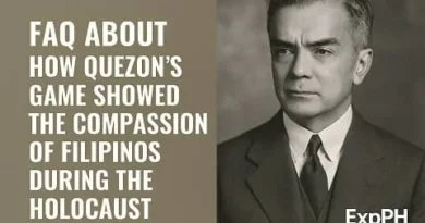 A realistic vintage-style portrait of President Manuel L. Quezon beside bold text about the FAQ on how Quezon’s Game showed Filipino compassion during the Holocaust, with the ExpPH Blog logo in the corner.