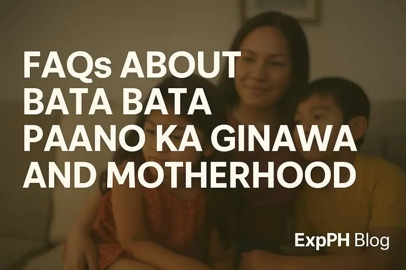 A realistic Filipino mother with her two children sitting together in a warm home, representing common questions about Bata Bata Paano Ka Ginawa and motherhood.