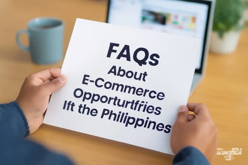 A realistic photo of a person holding a printed sheet titled FAQs About E-Commerce Opportunities in the Philippines, with a laptop, coffee mug, and plant blurred in the background, and a small ExpPH Blog logo added in the corner.