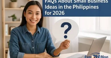 Filipina entrepreneur holding a question mark sign while sitting at a desk with the title FAQs About Small Business Ideas in the Philippines for 2026 and the ExpPH Blog logo displayed in the corner