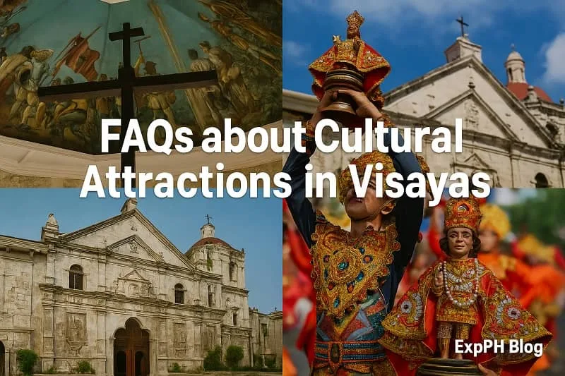 A realistic collage of Visayas cultural attractions featuring traditional festivals, historic churches, local crafts, and coastal scenery with a small ExpPH Blog logo in the corner.