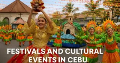 A realistic scene of Cebu festivals featuring dancers in colorful costumes, traditional performances, lively street crowds, and festive decorations with a small ExpPH Blog logo in the corner.