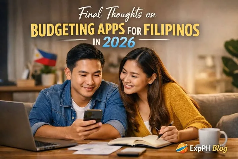 Filipino couple reviewing budgeting apps on a smartphone and laptop at home, discussing finances with text about budgeting apps for Filipinos in 2026