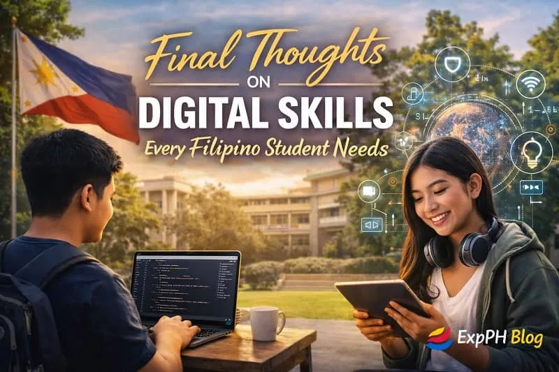 Filipino students using laptop and tablet on campus with digital skills theme and Philippine flag in background