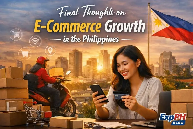Filipina woman shopping online with smartphone and credit card, delivery rider with parcels, and Manila skyline representing e-commerce growth in the Philippines with ExpPH Blog logo