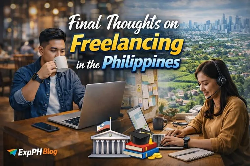 Filipino freelancers working on laptops in different environments representing the future and opportunities of freelancing in the Philippines with ExpPH Blog logo