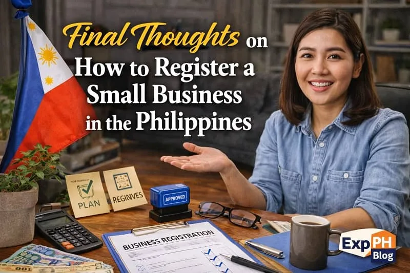 Filipino entrepreneur reviewing completed business registration documents with a confident expression, desk setup with calculator, papers, and Philippine flag
