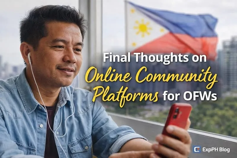 Filipino OFW using smartphone to connect with online communities with Philippine flag in background