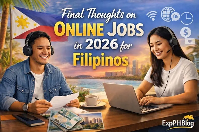 Filipino man and woman working online with laptops and headsets, featuring Philippine flag, beach background, and text about final thoughts on online jobs in 2026 with ExpPH Blog logo