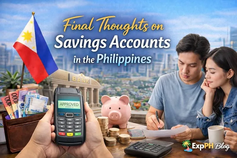 Filipino couple reviewing finances with savings account concept, piggy bank, Philippine peso cash, and bank background, representing final thoughts on savings accounts in the Philippines