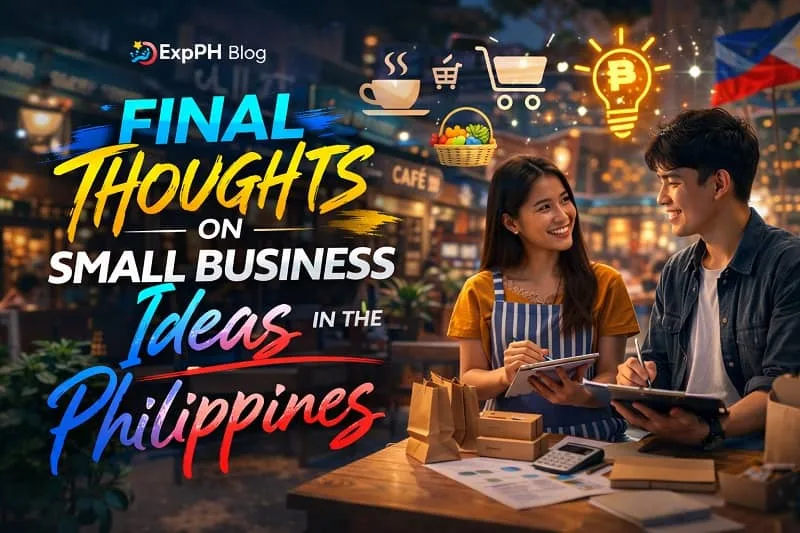 Filipino entrepreneurs discussing small business ideas with packages, notebook, and digital icons representing business opportunities in the Philippines