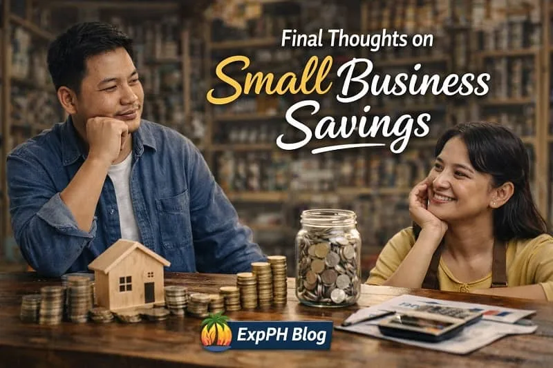 Filipino small business owners reviewing savings and finances with calculator, notebook, and coins in a shop with ExpPH Blog logo