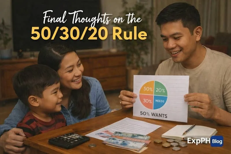 Filipino family reviewing the 50 30 20 budgeting rule together with money, calculator, and chart at home