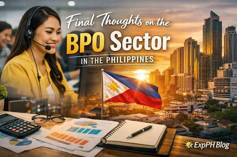 Filipina BPO employee with headset working in an office with Manila skyline and Philippine flag representing the BPO sector in the Philippines