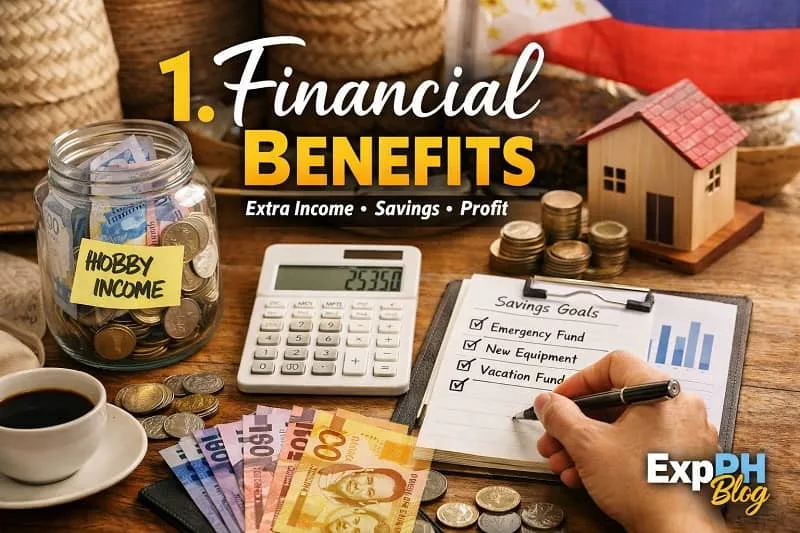Filipino hobby income setup with money jar, calculator, savings list, and financial benefits text