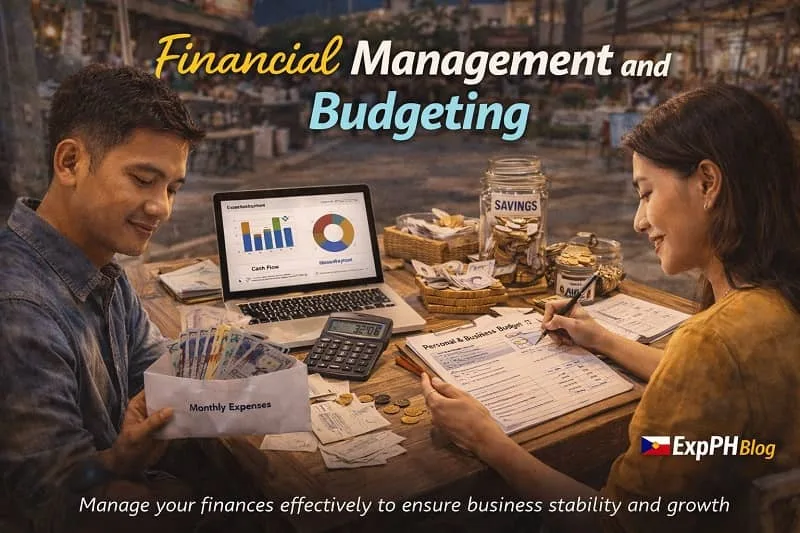 Filipino entrepreneurs managing finances, counting cash, tracking expenses, and creating a budget plan with ExpPH Blog logo