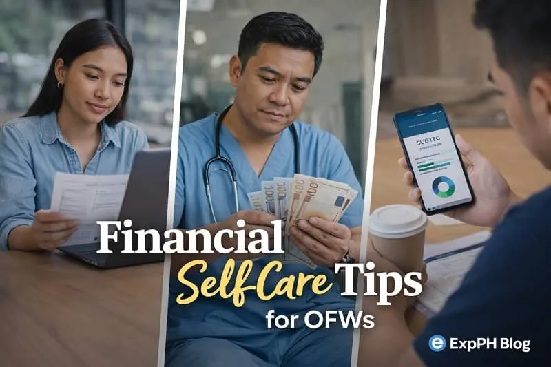 Filipino OFWs budgeting, counting money, and checking bank balance on smartphone, representing financial self care tips for overseas workers