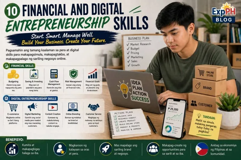 Filipino student managing an online business using a laptop and smartphone with e commerce, digital payments, and branding elements, showing entrepreneurship skills with ExpPH Blog logo
