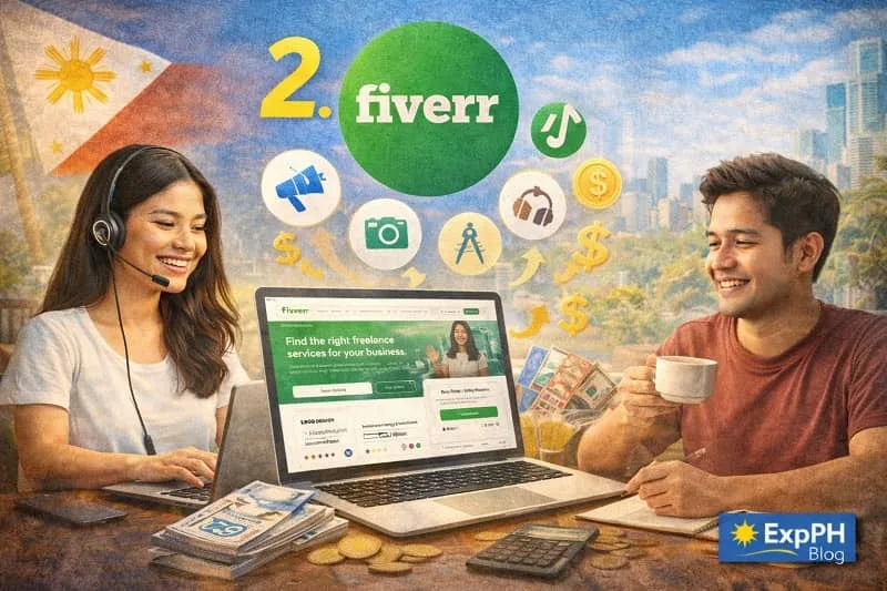 Filipino freelancers using Fiverr on a laptop offering digital services and earning money from online freelance work