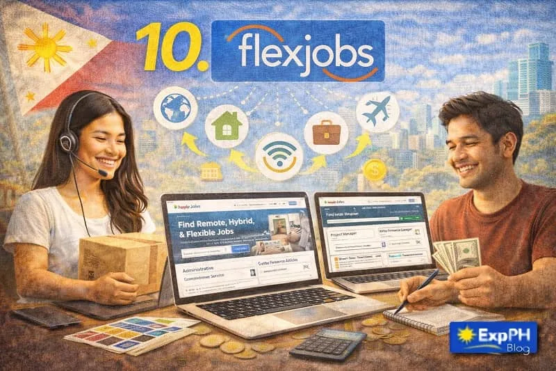 Filipino freelancers searching remote jobs on FlexJobs using laptops while earning income from flexible online work