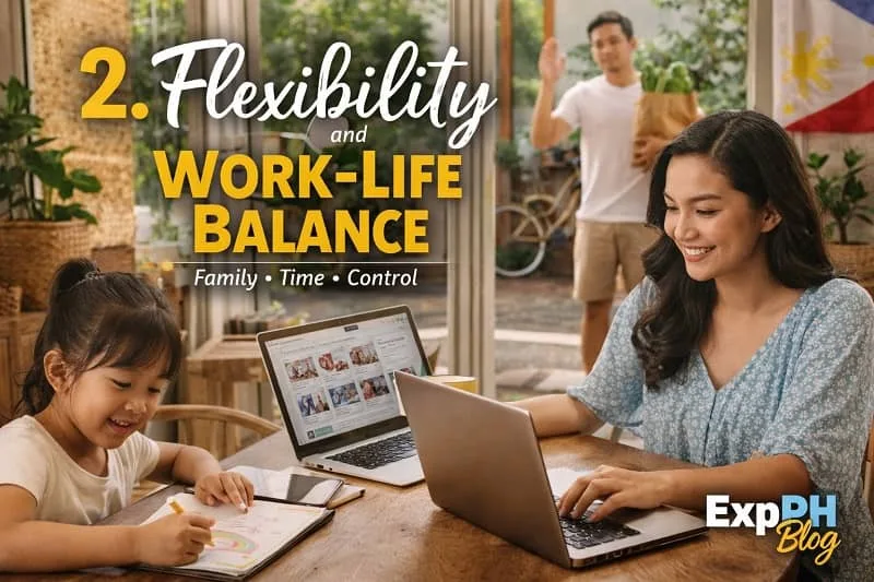 Filipino working from home with laptop balancing work and family showing flexible lifestyle