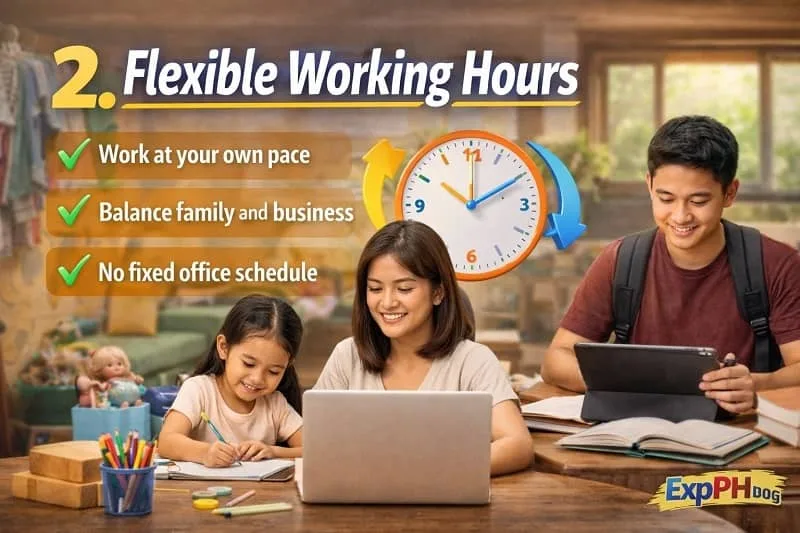 Filipina working from home while taking care of her child, showing flexible working hours in a home-based business setup