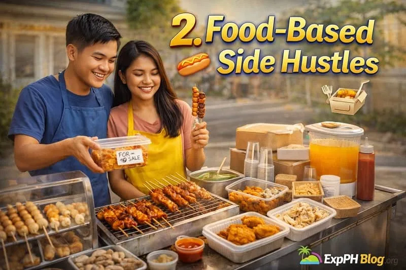Filipino couple running a street food stall with barbecue, fried snacks, and drinks with text “2. Food-Based Side Hustles”