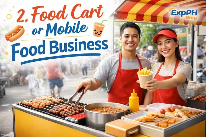 Filipino street food vendors operating a food cart or mobile food business selling grilled skewers and snacks in a busy street market
