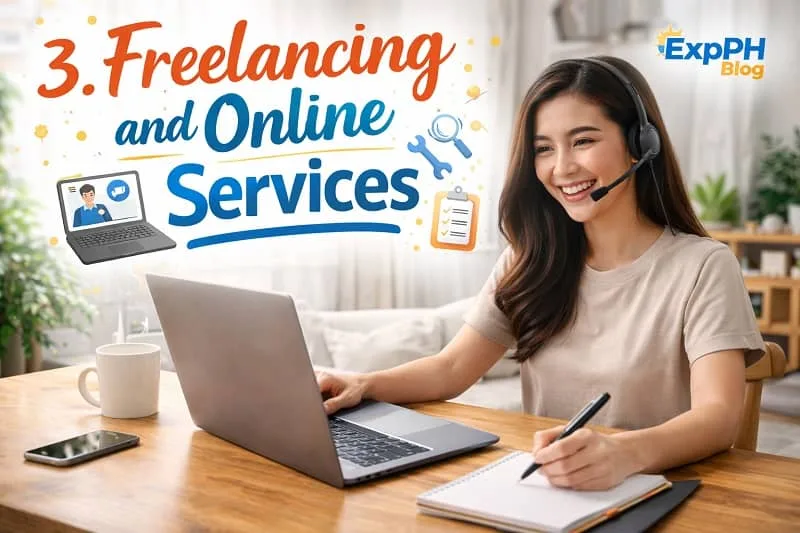 Filipina freelancer working from home using a laptop and headset providing online services and digital work