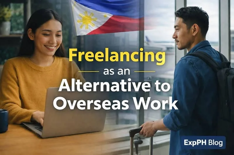 Filipino professional working from home with family nearby, representing freelancing as an alternative to overseas work in the Philippines