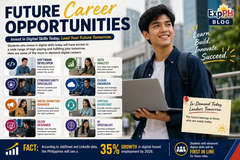 Filipino student holding a laptop with icons of digital careers like software developer, data analyst, and AI specialist, showing future career opportunities with ExpPH Blog logo