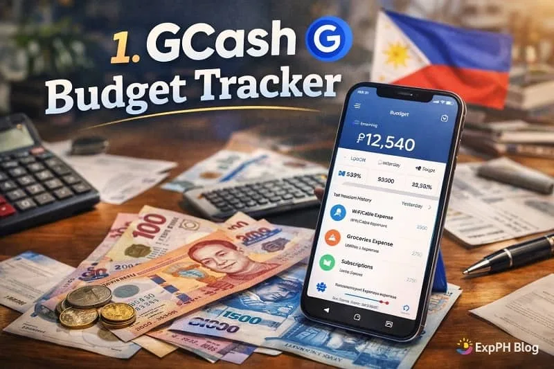 GCash Budget Tracker feature displayed on a smartphone with Philippine peso bills and coins on a desk, including ExpPH Blog logo.