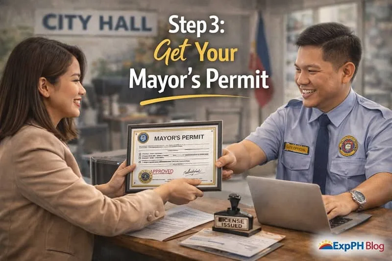 Filipino entrepreneur receiving a mayor’s permit from a city hall official with approved document and government office setting