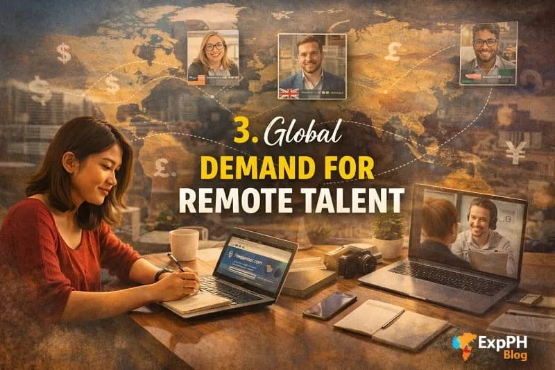 Filipino freelancer working on a laptop while connecting with international clients on a world map background, representing the global demand for remote talent, with the ExpPH Blog logo visible.