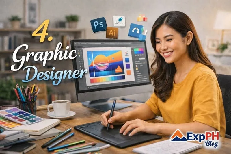 Filipina graphic designer using a drawing tablet and computer with design software, representing graphic design work from home with ExpPH Blog logo