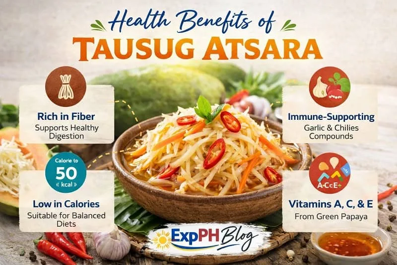 Infographic showing health benefits of Tausug Atsara with bowl of pickled papaya, garlic, chilies, and ExpPH Blog logo