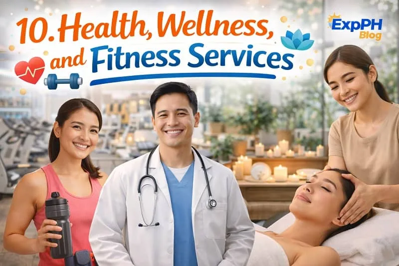 Filipino health and fitness professionals including a fitness trainer, doctor, and wellness therapist promoting health services