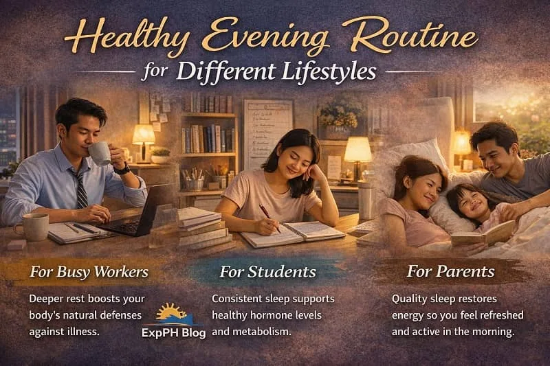 Realistic Filipino themed image showing healthy evening routine for busy workers, students and parents with relaxing night scenes and ExpPH Blog logo