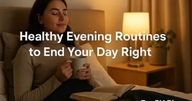 Woman relaxing in a cozy bedroom with tea and a book as part of a Healthy Evening Routine, with the ExpPH Blog logo included.