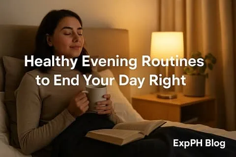 Woman relaxing in a cozy bedroom with tea and a book as part of a Healthy Evening Routine, with the ExpPH Blog logo included.
