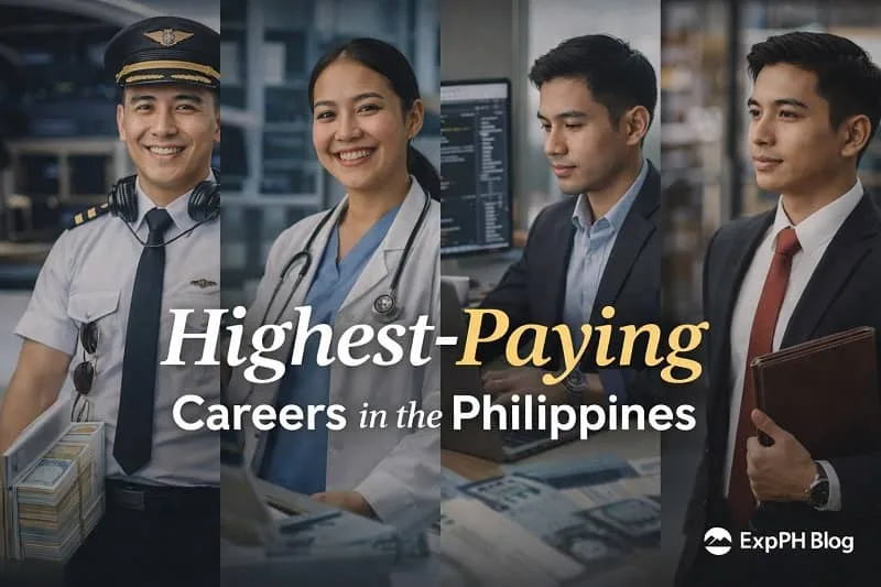 Filipino pilot, doctor, IT professional, and corporate lawyer representing highest-paying careers in the Philippines with ExpPH Blog logo