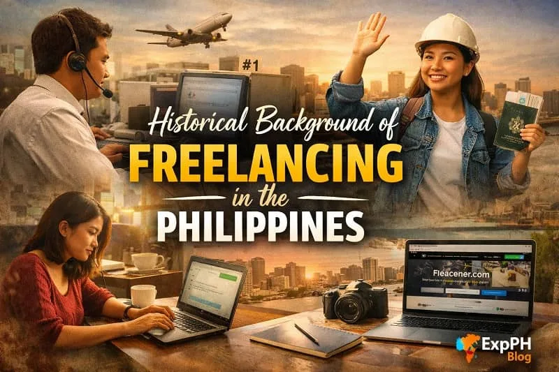 Filipino freelancer working on a laptop with scenes of call center work, overseas employment, and modern remote freelancing, illustrating the historical development of freelancing in the Philippines with the ExpPH Blog logo.